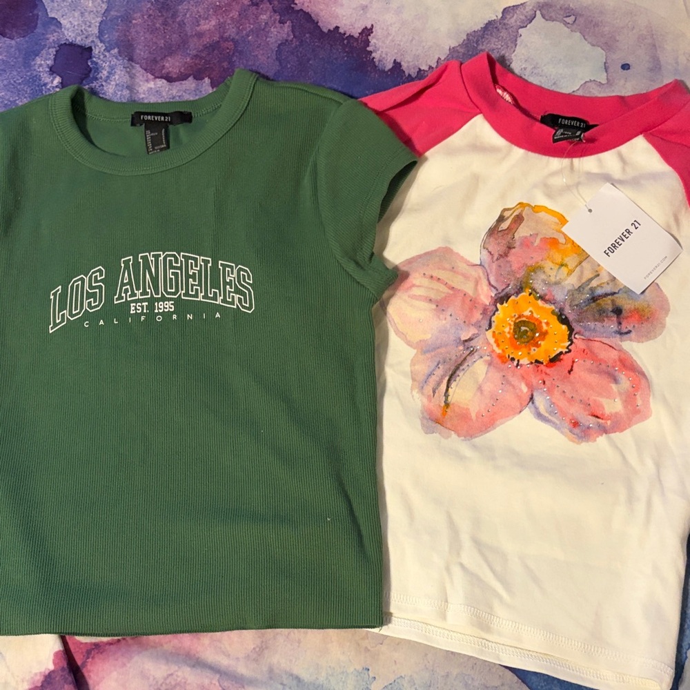 Forever 21 Juniors Green and Pink Floral Tees